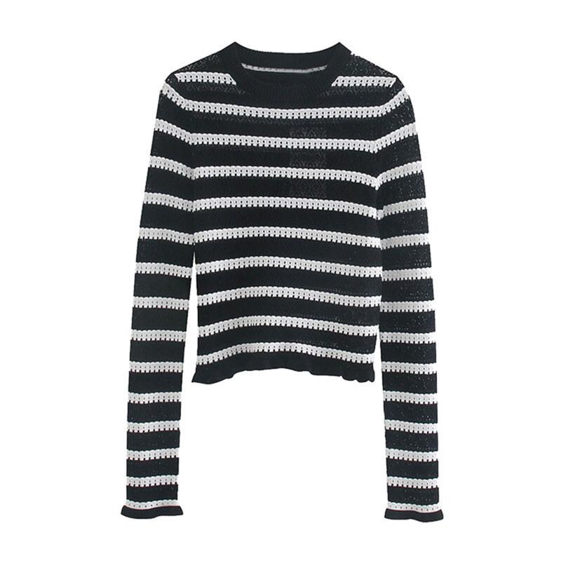 HOLLOW OUT STRIPED CROPPED KNITTED SWEATER