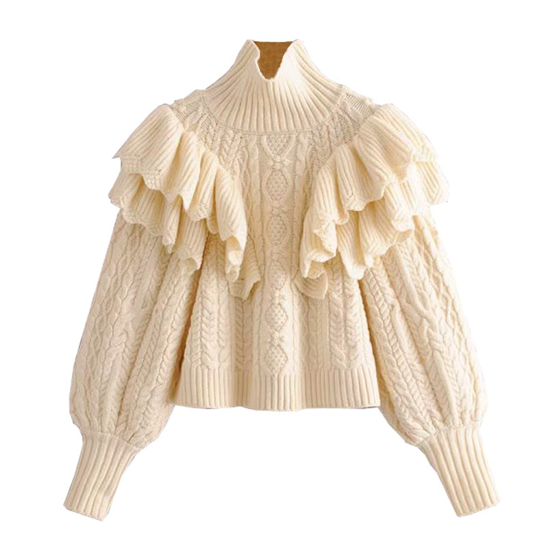 CABLE-KNIT SWEATER WITH RUFFLES
