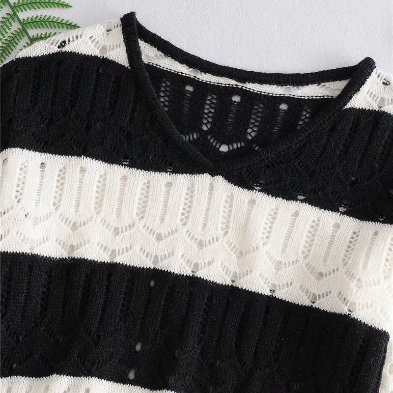 HOLLOW OUT STRIPED KNITTED SWEATER