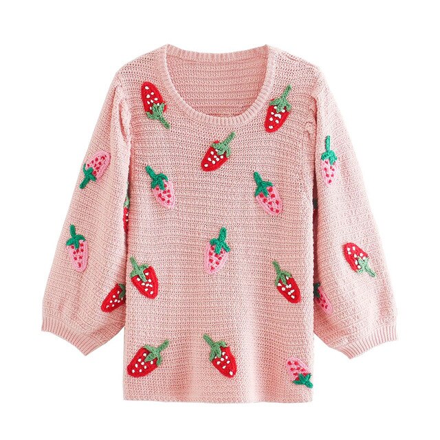 STRAWBERRY APPLIQUE KNITTED SWEATER