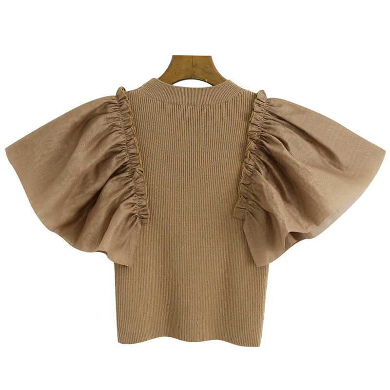 FASHION ORGANZA PATCHWORK KNITTED CROPPED BLOUSE
