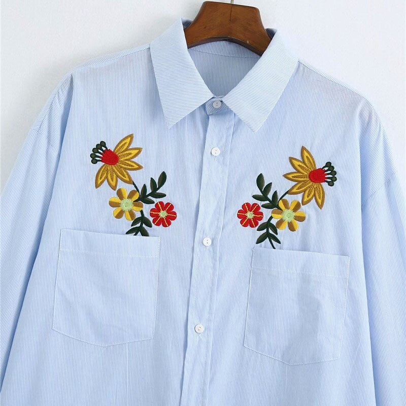 FLORAL EMBROIDERY STRIPED SHIRT