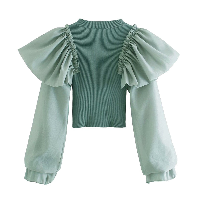RUFFLE PATCHWORK CROPPED KNITTED BLOUSE