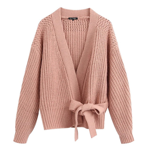 BOW TIED CROPPED KNITTED CARDIGAN SWEATER