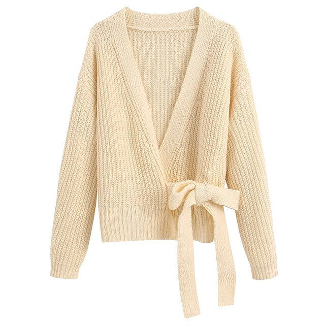 BOW TIED CROPPED KNITTED CARDIGAN SWEATER