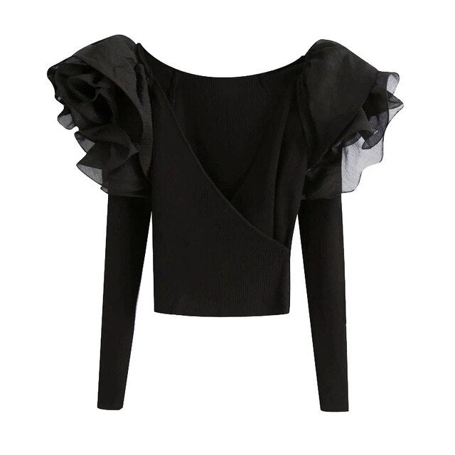 ORGANZA TRIMS KNITTED BLOUSE