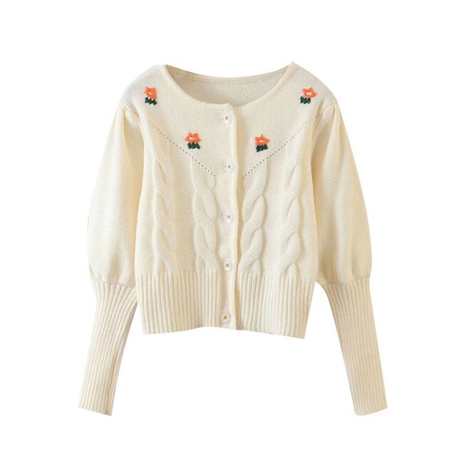FLORAL EMBROIDERY CROPPED KNITTED CARDIGAN