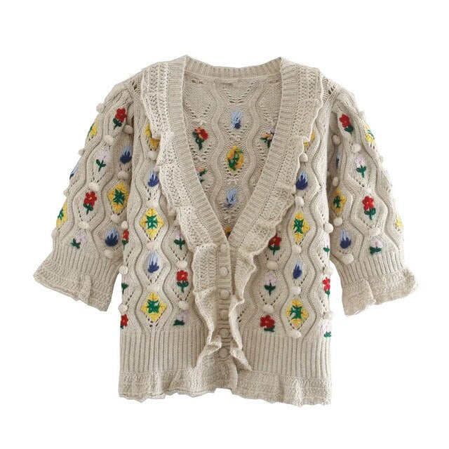 EMBROIDERY POMPOMS KNITTED CARDIGAN