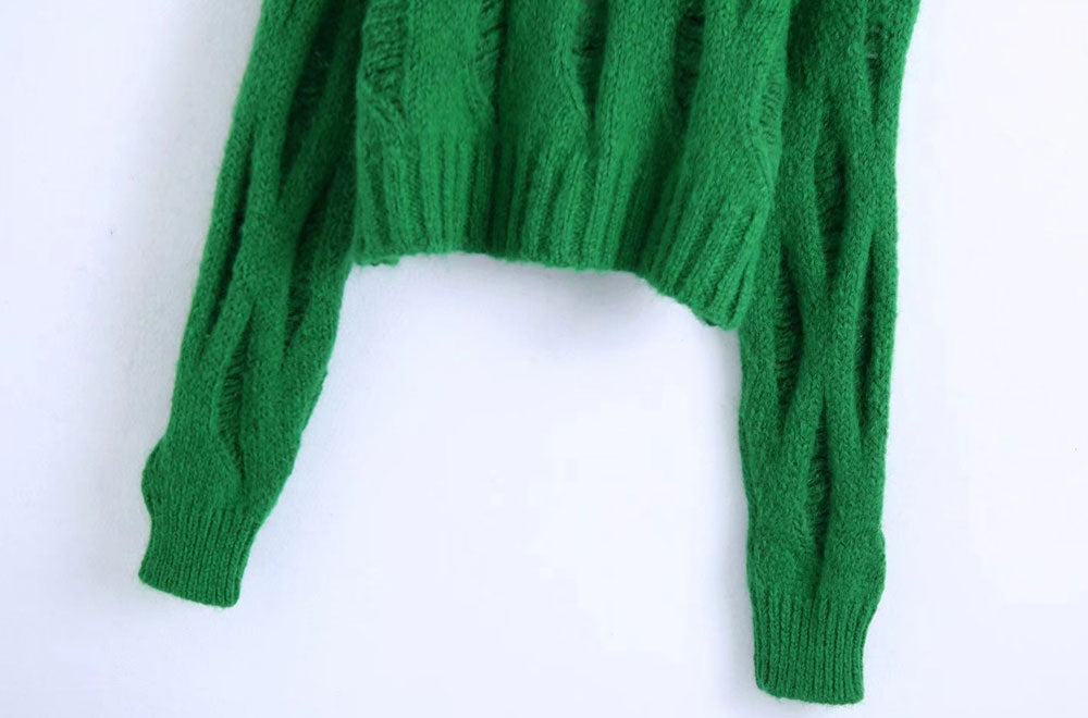 LOOSE RIPPED GREEN CROP KNIT SWEATER