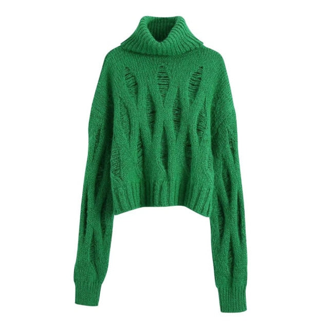 LOOSE RIPPED GREEN CROP KNIT SWEATER