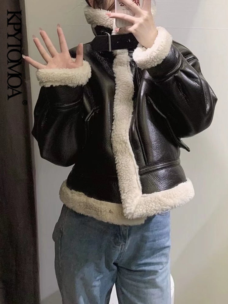 FAUX LEATHER JACKET WITH FAUX SHEARLING
