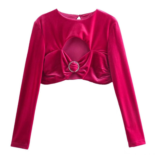 HOLLOW OUT CROPPED VELVET BLOUSE