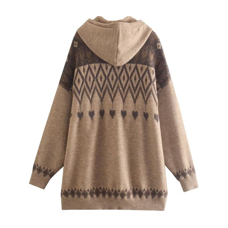 HOODED OVERSIZED JACQUARD KNIT SWEATER