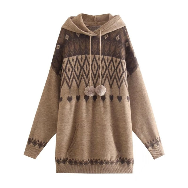 HOODED OVERSIZED JACQUARD KNIT SWEATER