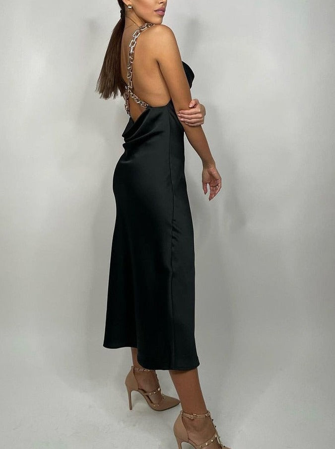 BACKLESS CHAIN SATIN DRESS